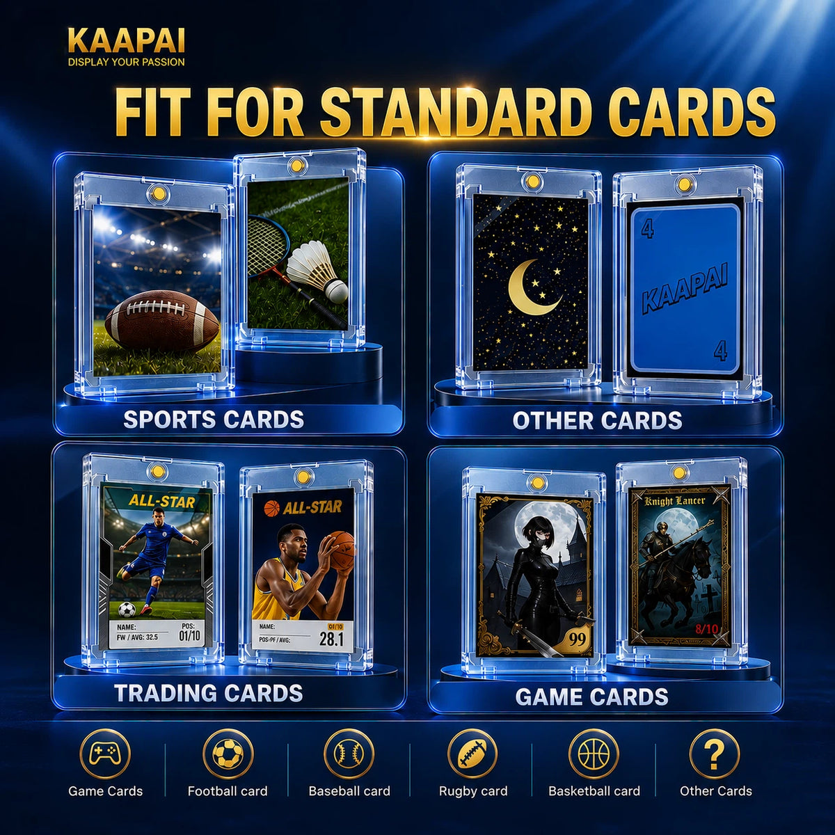 KAAPAI card display set shown with six clear acrylic holders labeled for Sports Cards, Other Cards, Trading Cards, and Game Cards, on a dark blue graphic background with the headline 'FIT FOR STANDARD CARDS'.