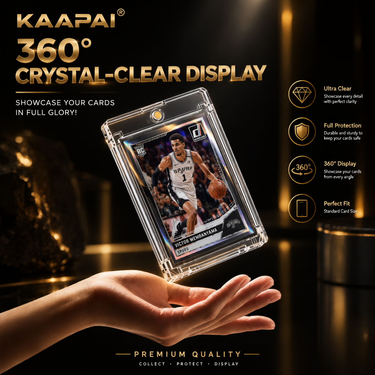 A clear acrylic card display case held in a person's hand against a dark, elegant background. The case contains a basketball trading card and is shown floating at an angle to demonstrate its 360-degree clarity.