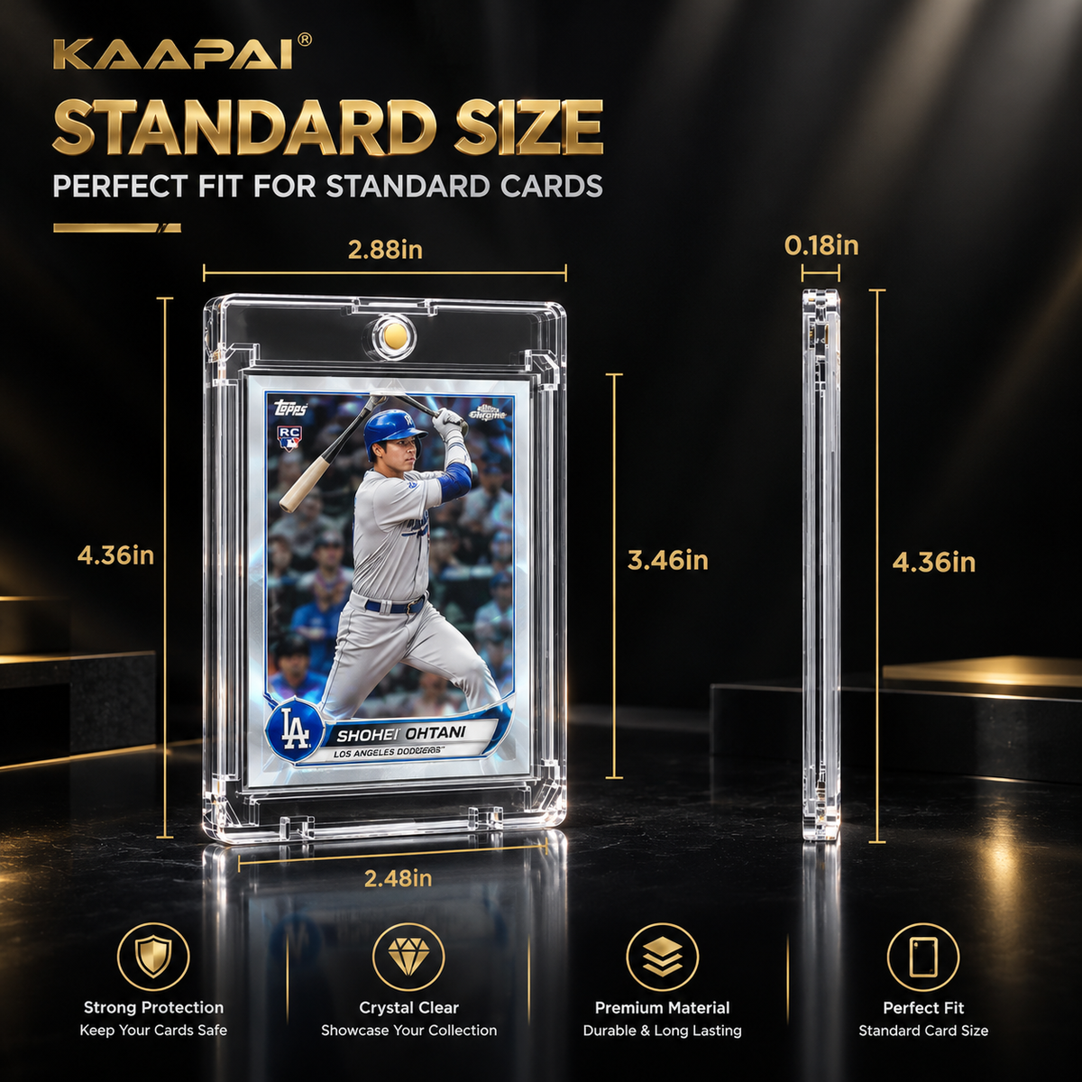 Kaapai clear acrylic standard card holder shown on a black reflective background with dimension labels, including a front view of a baseball card inside and a side profile. Text reads 'KAAPAI STANDARD SIZE' and 'PERFECT FIT FOR STANDARD CARDS,' with feature icons below.