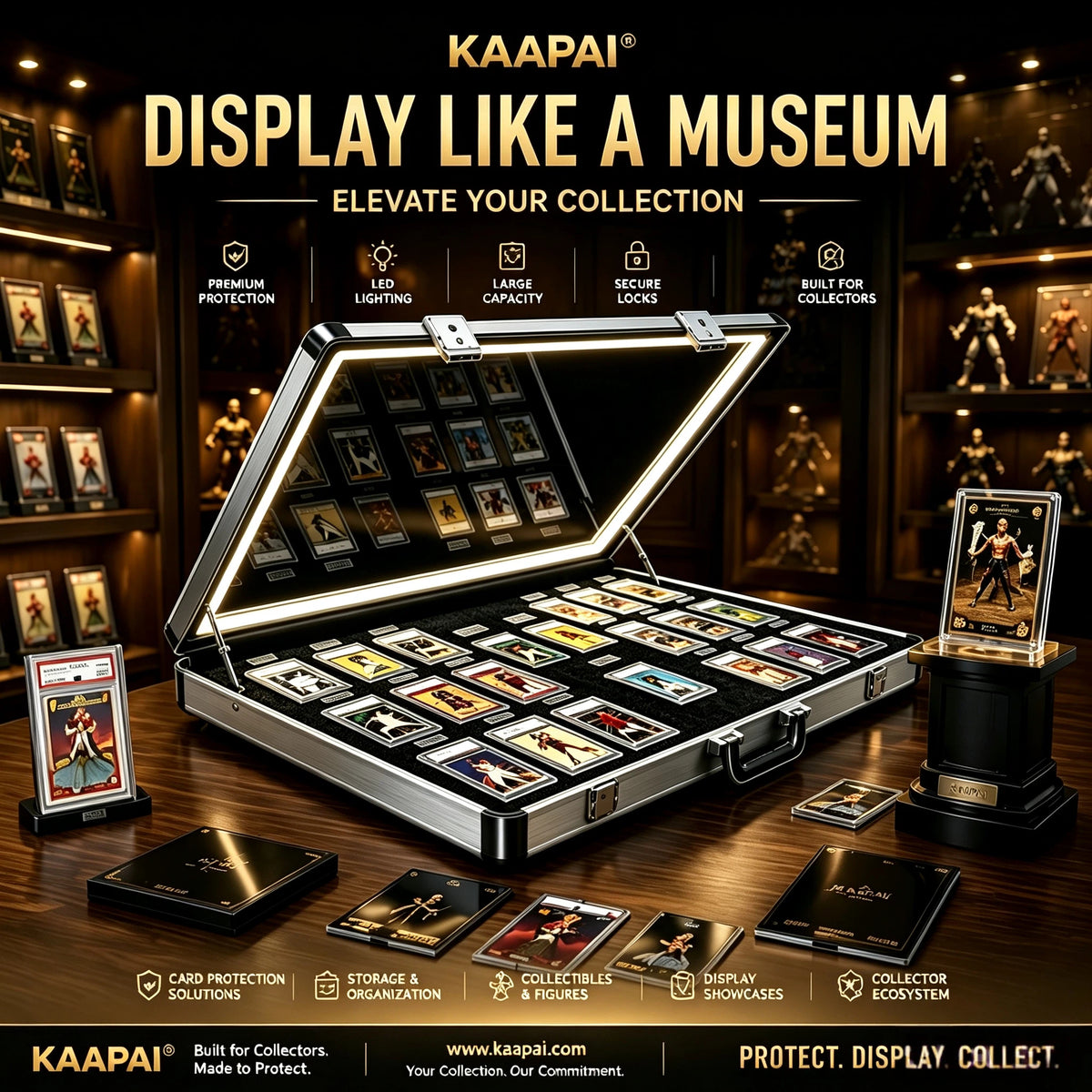 KAAPAI display case set shown open in a museum-style collection room, with multiple framed cards and collectibles arranged inside and around the case. Large text reads 'KAAPAI DISPLAY LIKE A MUSEUM' and 'ELEVATE YOUR COLLECTION,' with feature icons above and product callouts along the bottom.