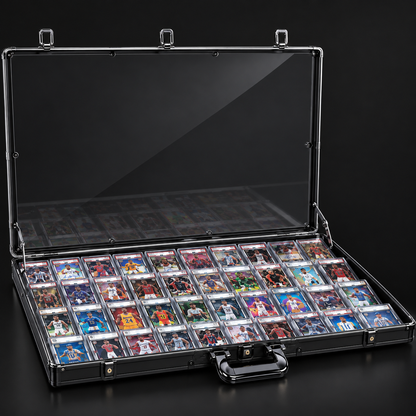 A black hard case with a transparent lid, open to display multiple rows of collectible trading cards inside clear protective sleeves, set against a dark studio background.