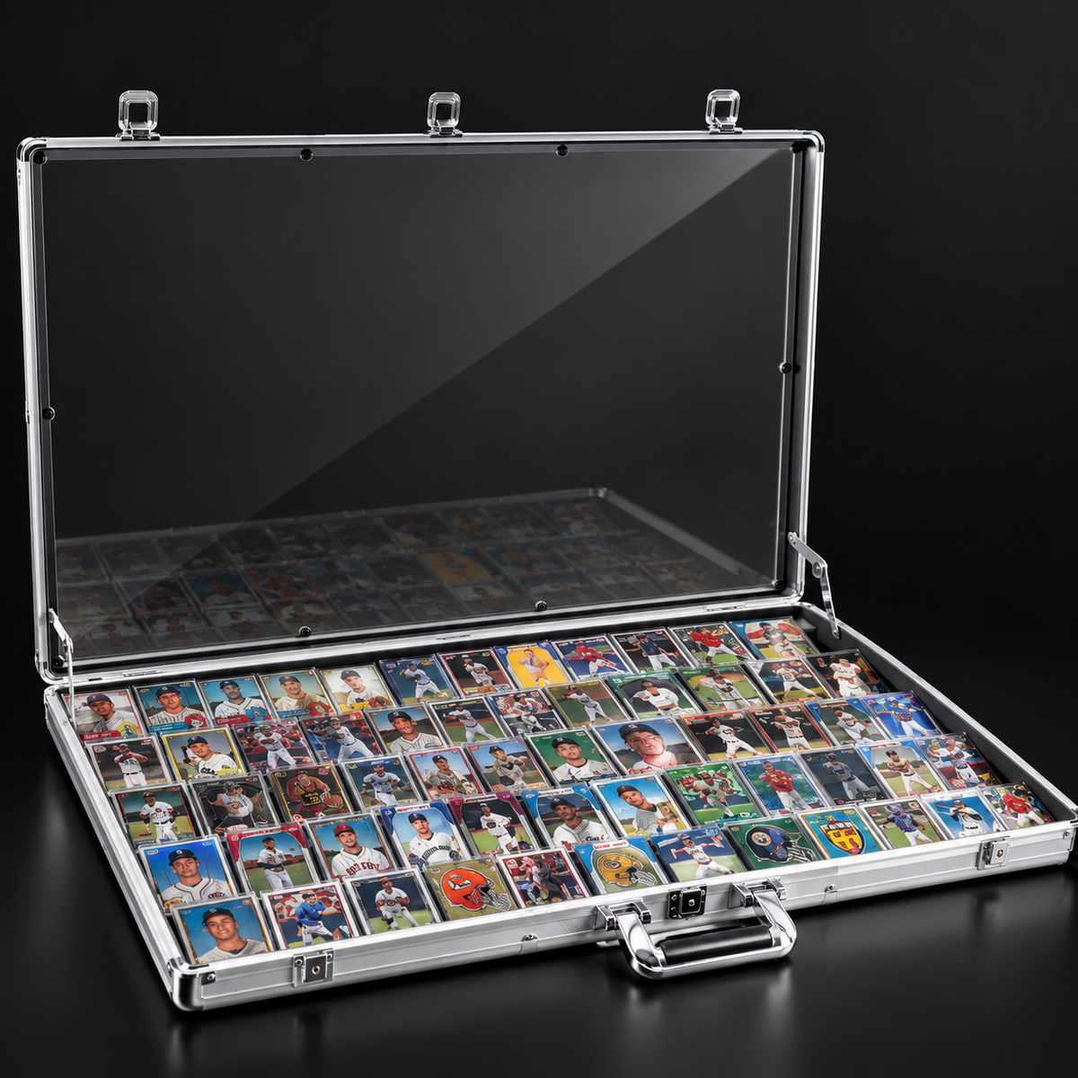 An open silver aluminum card case with a clear lid, filled with rows of small sports trading cards, photographed on a dark studio background.