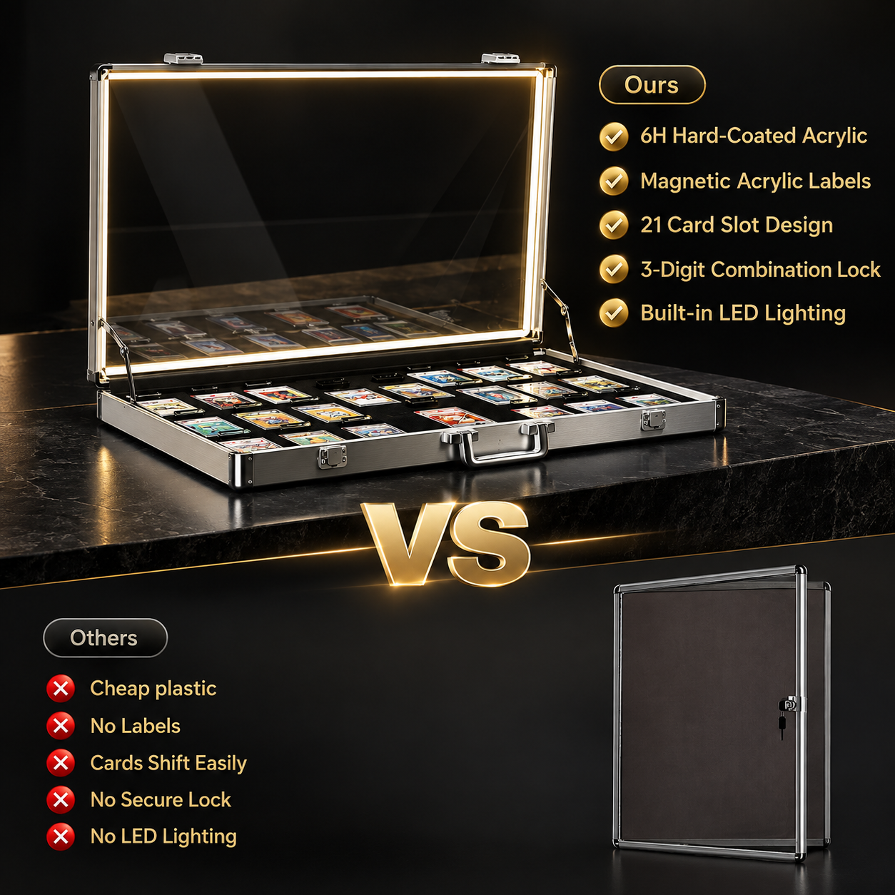 A silver hard acrylic card display case with built-in LED lighting, shown open with cards inside on a dark countertop. The image includes marketing text comparing the product to cheaper alternatives, with a smaller closed view of the case on the right.