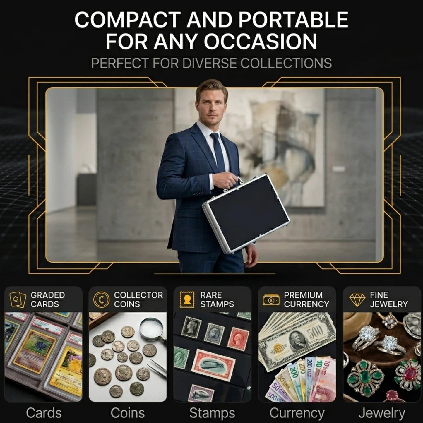 Man holding a briefcase with collectibles displayed below, text 'Compact and portable for any occasion', 'Perfect for diverse collections'.