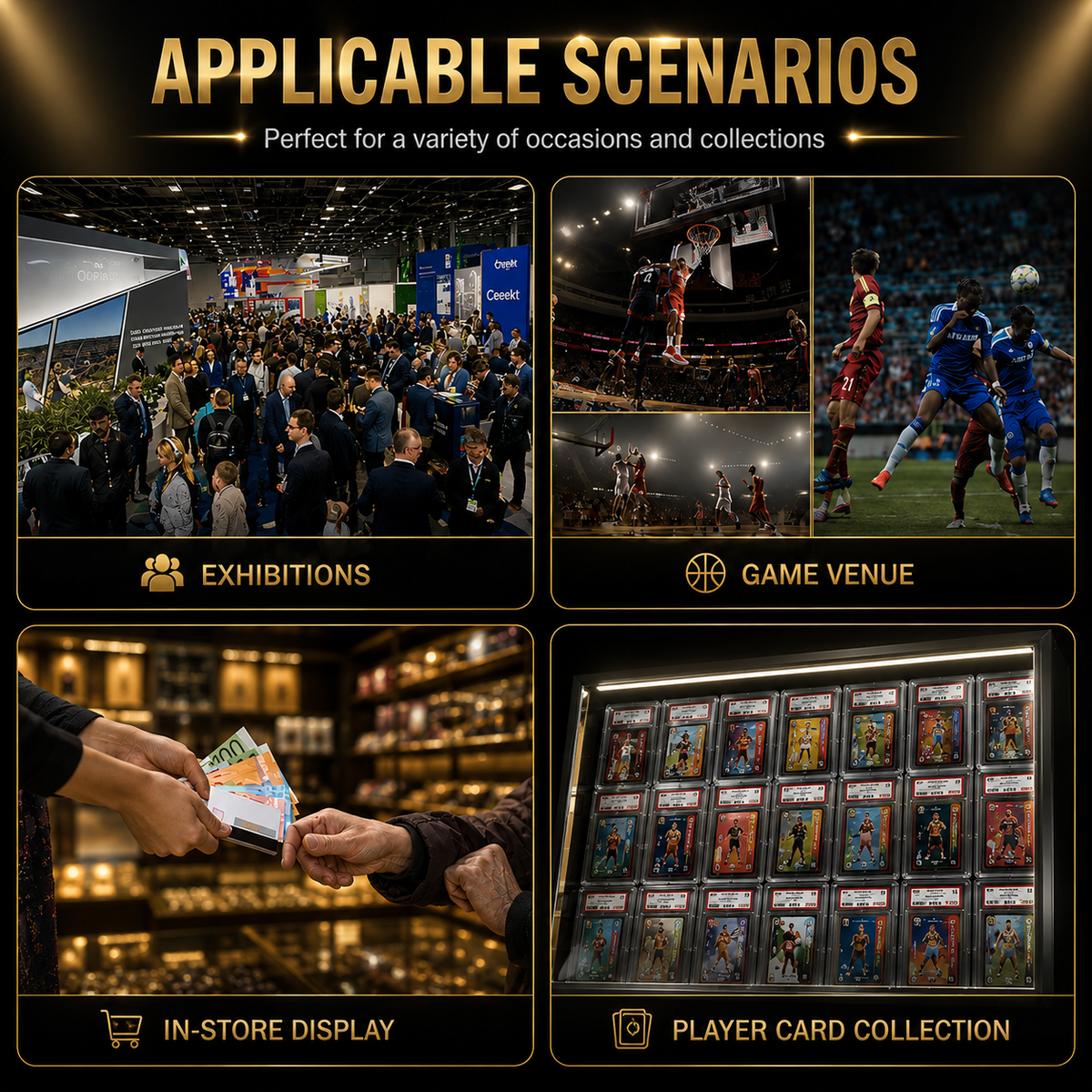 A promotional graphic with the headline 'APPLICABLE SCENARIOS' on a black background, showing four inset lifestyle/business-use examples: exhibitions, game venue sports action, in-store display, and player card collection. The layout uses gold text and borders, with photos of crowds, athletes, hands exchanging cards, and a display case of many player cards.