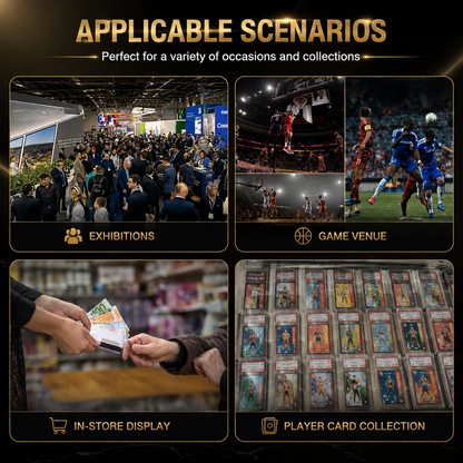 A promotional collage with four example scenes under the heading 'APPLICABLE SCENARIOS' and the subtitle 'Perfect for a variety of occasions and collections.' The panels show a crowded exhibition hall, sports game footage, in-store interaction, and a player card collection display.