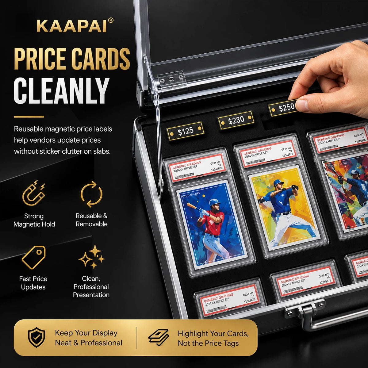 KAAPAI professional card display case with a hand inserting a price card into a clear lid, showing multiple protected baseball trading cards inside. The image includes marketing text and icons highlighting features like strong magnetic hold, reusable price cards, and fast price updates.