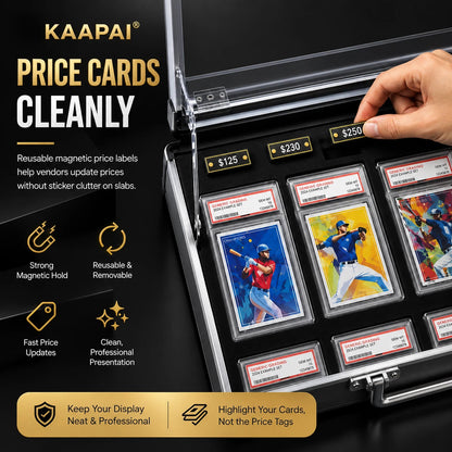 KAAPAI professional card display case with a hand inserting a price card into a clear lid, showing multiple protected baseball trading cards inside. The image includes marketing text and icons highlighting features like strong magnetic hold, reusable price cards, and fast price updates.