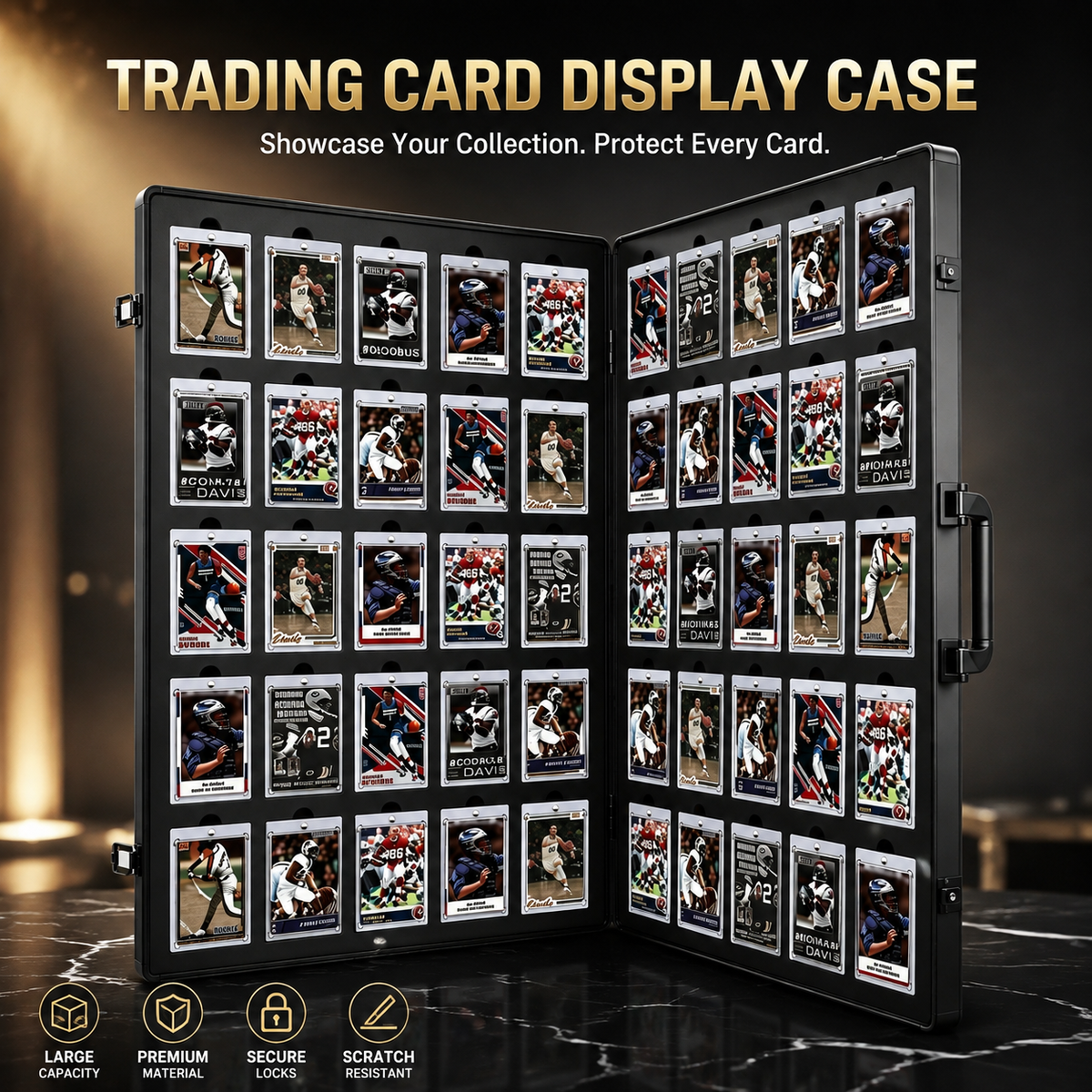 A black trading card display case shown open, filled with multiple hockey trading cards. The case has a handle on the right side and is photographed in a dark indoor setting with warm light on the left.