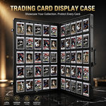 A black trading card display case shown open, filled with multiple hockey trading cards. The case has a handle on the right side and is photographed in a dark indoor setting with warm light on the left.