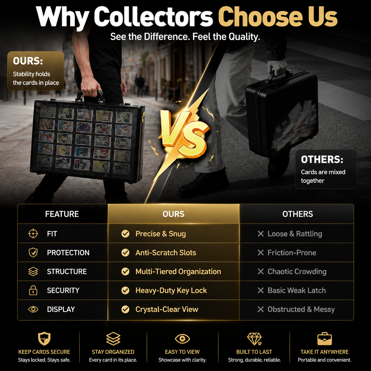 Promotional comparison graphic for a card storage case, showing two people carrying cases in a street scene with a large 'VS' and a feature comparison table. Text reads 'Why Collectors Choose Us' and lists features like fit, protection, structure, security, and display.