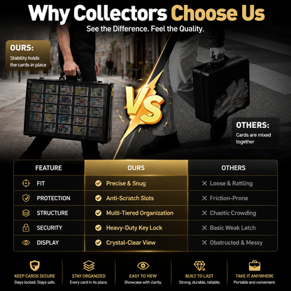 Promotional comparison graphic for a card storage case, showing two people carrying cases in a street scene with a large 'VS' and a feature comparison table. Text reads 'Why Collectors Choose Us' and lists features like fit, protection, structure, security, and display.