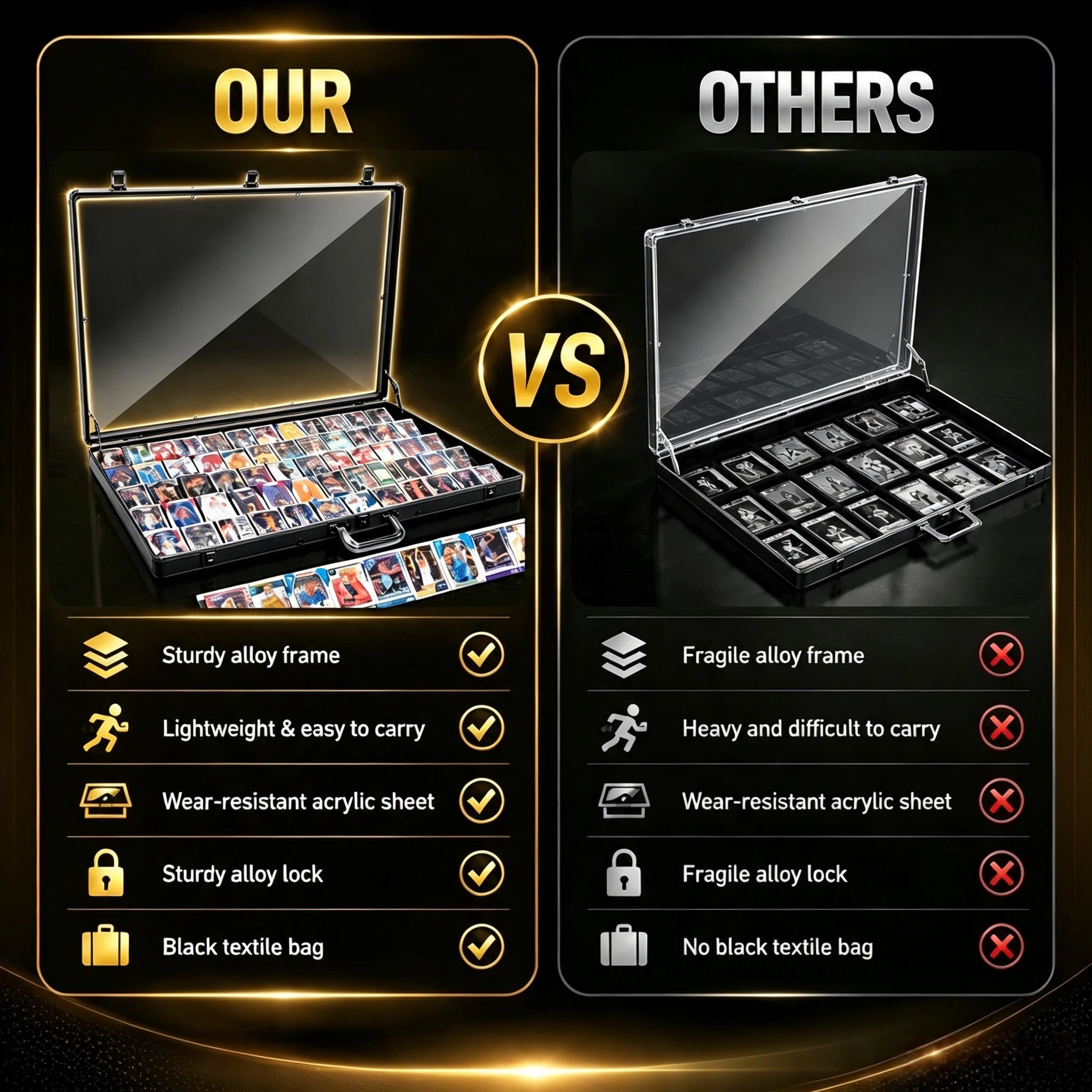 A promotional comparison graphic showing a clear hard-shell carrying case open on a black background, with text comparing it to 'OTHERS.' The left side is labeled 'OUR' and highlights a sturdy alloy frame, lightweight design, wear-resistant acrylic sheet, sturdy alloy lock, and black textile bag.