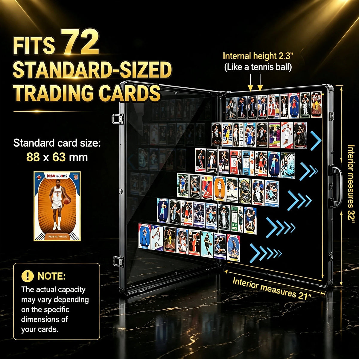 A black plastic trading card display case shown open, filled with sample trading cards. The image includes large text stating 'FITS 72 STANDARD-SIZED TRADING CARDS' with dimensions labeled for the interior, plus a small card example and a note about actual capacity depending on the cards used.