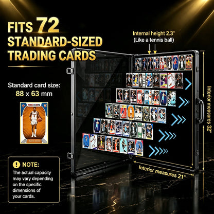A black plastic trading card display case shown open, filled with sample trading cards. The image includes large text stating 'FITS 72 STANDARD-SIZED TRADING CARDS' with dimensions labeled for the interior, plus a small card example and a note about actual capacity depending on the cards used.