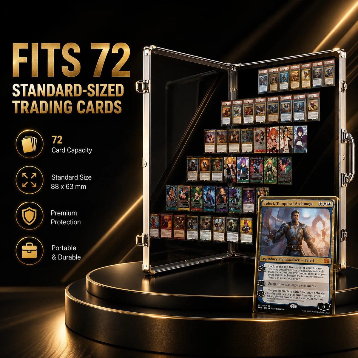 A black hard-shell display case shown open on a black pedestal, filled with trading cards and featuring a single card displayed in front. Large text on the left reads 'FITS 72 STANDARD-SIZED TRADING CARDS' with feature icons below.