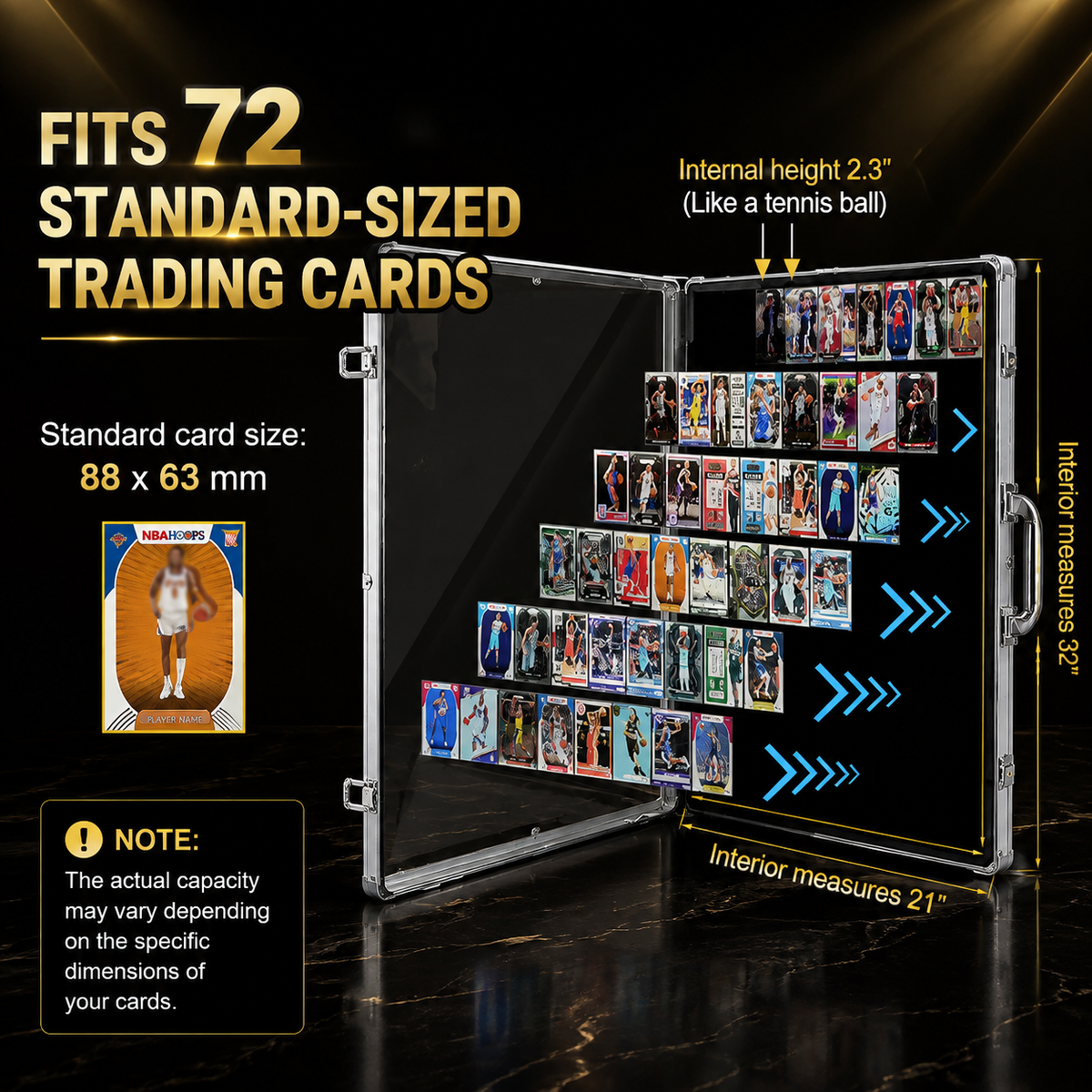 A black hard-shell display case for trading cards, shown open on a dark reflective surface. The image includes text callouts stating it fits 72 standard-sized trading cards, with dimensions of the interior and card size, plus a small example card graphic.