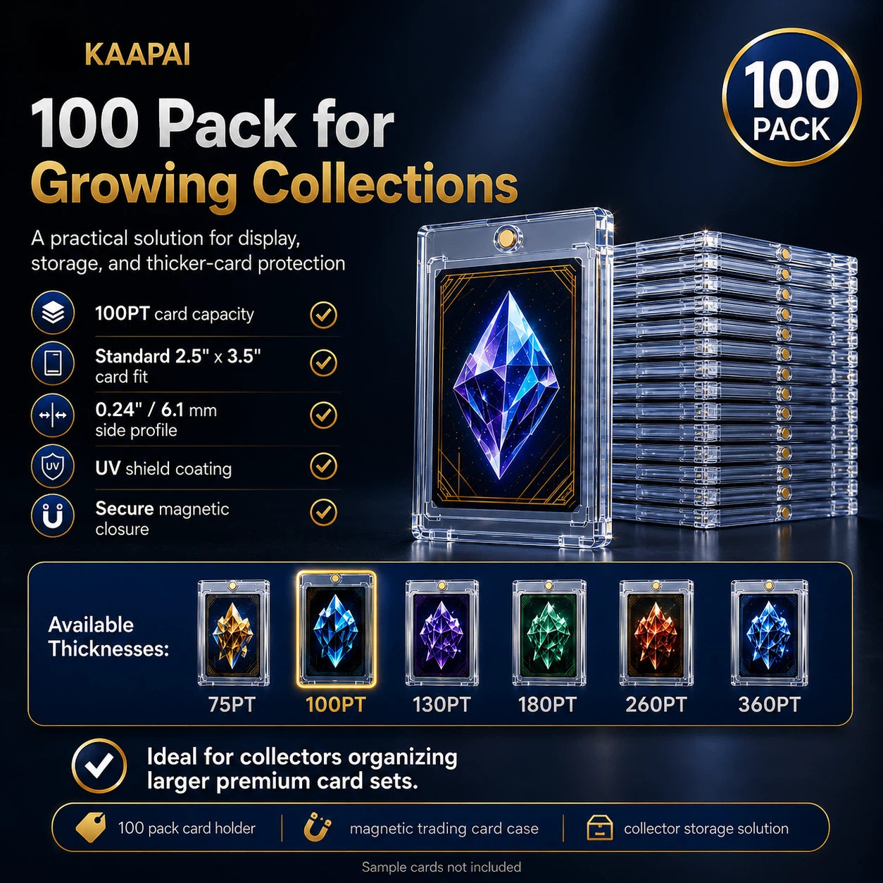 Promotional graphic for a KAAPAI 100-pack of clear acrylic card holders and magnetic trading card cases, shown on a dark blue background with text callouts, thickness options, and a stack of transparent cases.
