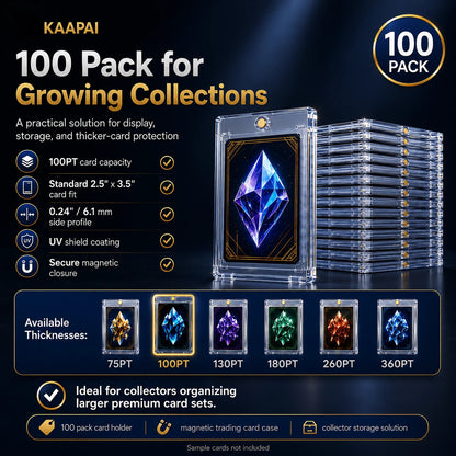 Promotional graphic for a KAAPAI 100-pack of clear acrylic card holders and magnetic trading card cases, shown on a dark blue background with text callouts, thickness options, and a stack of transparent cases.