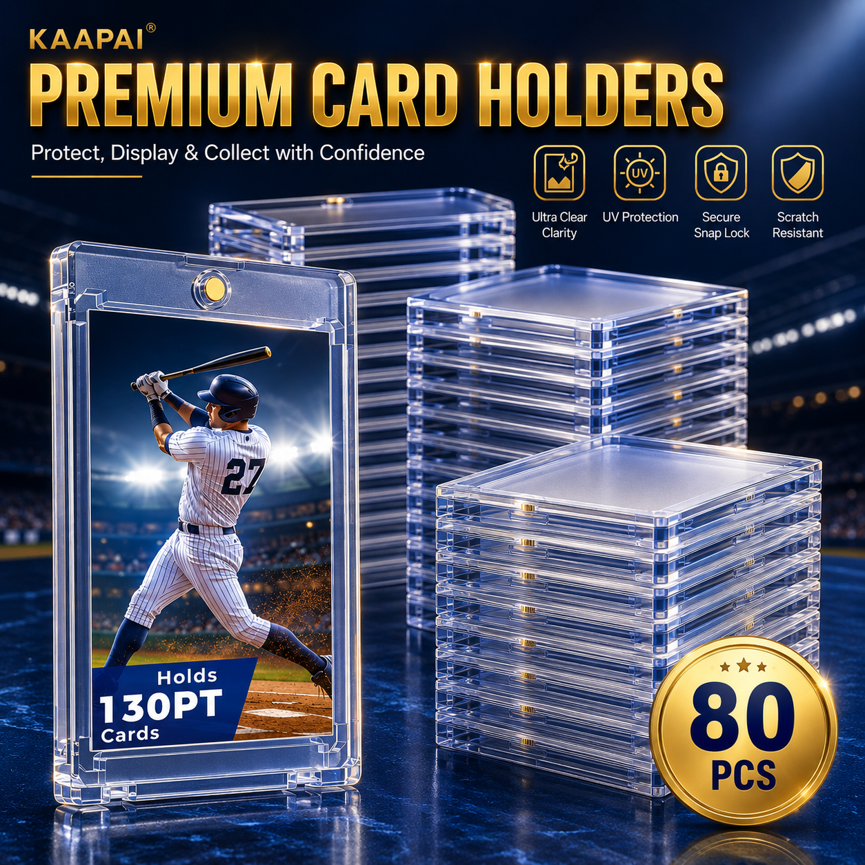 Kaapai premium clear acrylic card holders shown in a promotional graphic with stacks of empty holders, a sample baseball card inside one holder, feature icons, and an '80 PCS' badge on a dark stadium-style background.