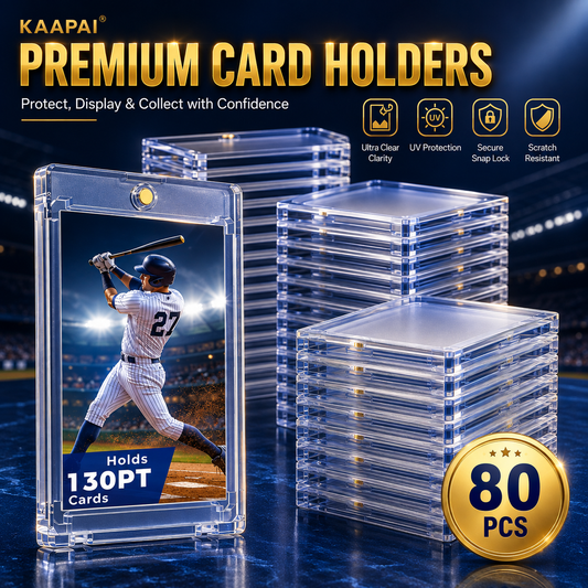 Kaapai premium clear acrylic card holders shown in a promotional graphic with stacks of empty holders, a sample baseball card inside one holder, feature icons, and an '80 PCS' badge on a dark stadium-style background.