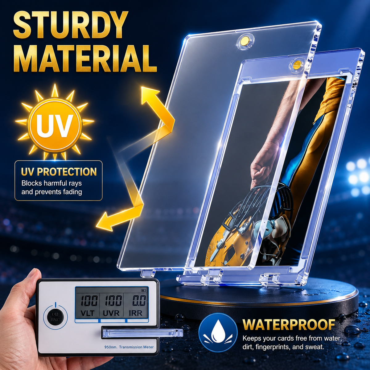 Clear acrylic phone case with a built-in power bank and digital transmitter, shown on a dark stadium background with promotional text highlighting UV protection, sturdy material, and waterproof features.
