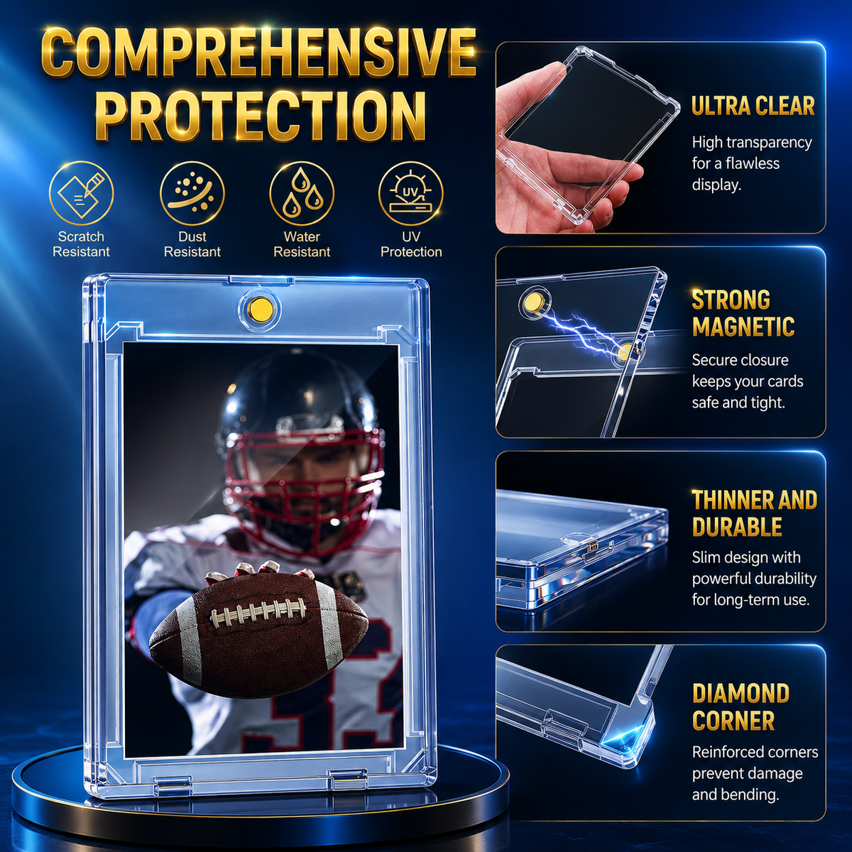 A clear protective phone case shown inside a transparent display frame, with marketing text and feature callouts on a dark blue background. The text highlights ultra clear transparency, strong magnetic secure closure, thinness and durability, and diamond-corner protection.