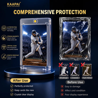Kaapai comprehensive protection case for collectible baseball cards, shown in a clear acrylic holder with a baseball player printed inside, displayed on a blue illuminated stand with feature callouts and before/after damage examples.