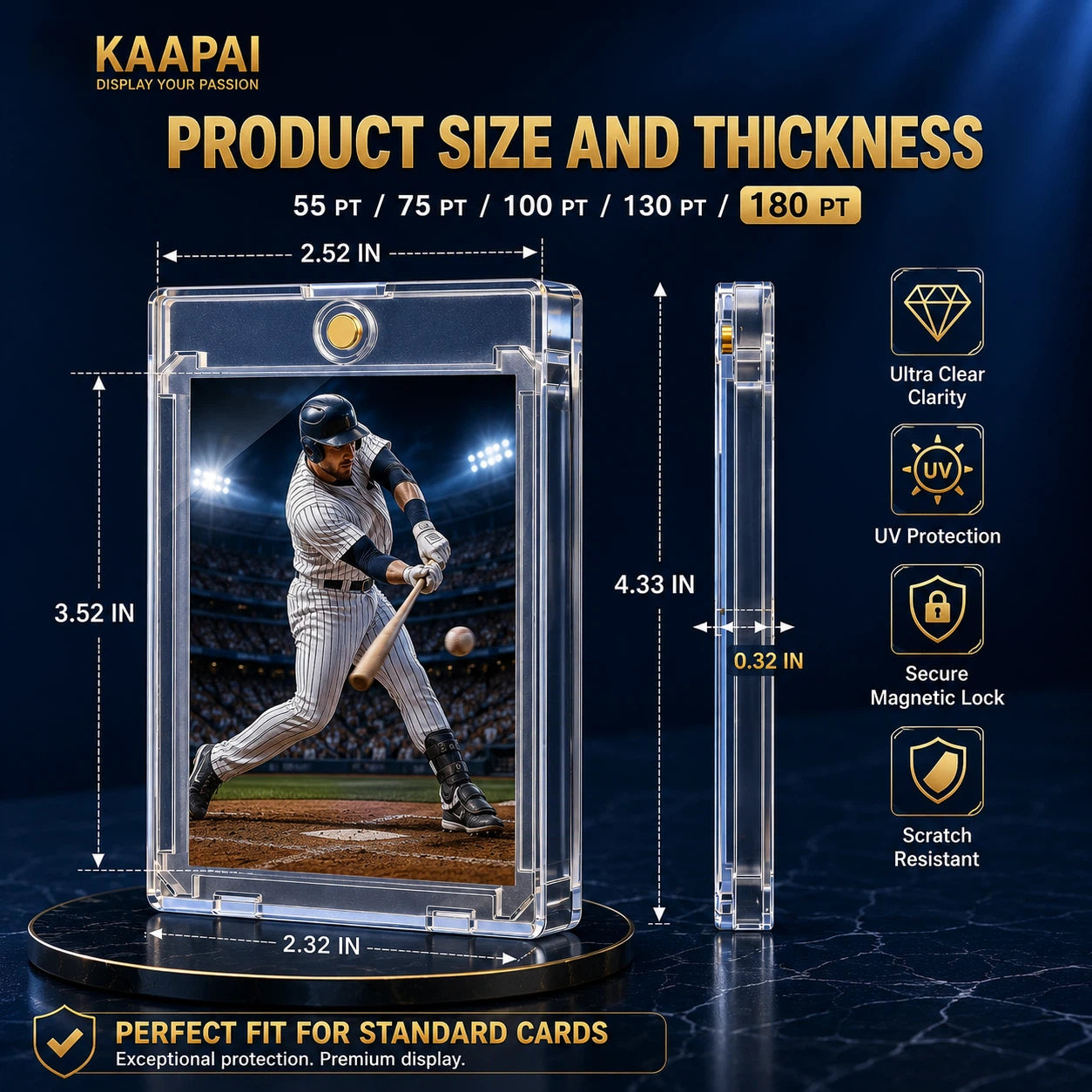 A clear acrylic baseball card display case shown on a dark blue promotional background with overlaid dimensions, product fit text, and feature icons. The case contains a baseball player photo insert and is labeled Kaapai.