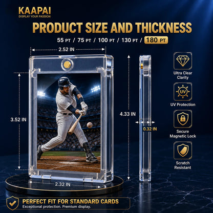 A clear acrylic baseball card display case shown on a dark blue promotional background with overlaid dimensions, product fit text, and feature icons. The case contains a baseball player photo insert and is labeled Kaapai.