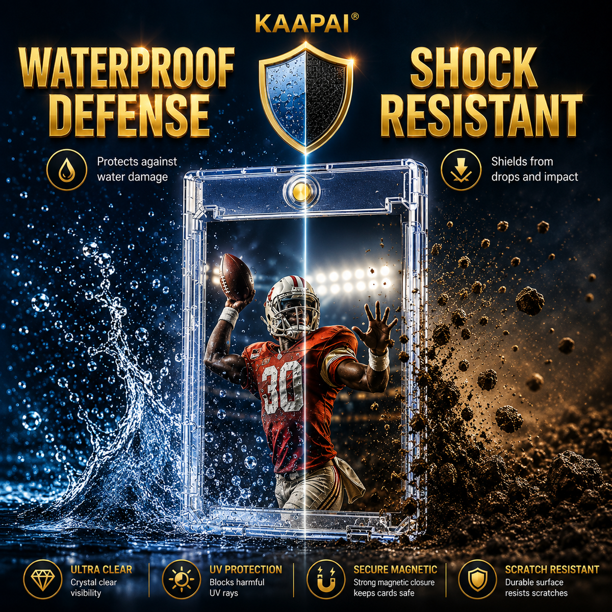 KAAPAI clear protective case shown in a dramatic promotional graphic with the text 'WATERPROOF DEFENSE' and 'SHOCK RESISTANT.' The case is centered over a football player cutout, with water splashes on the left and debris on the right to demonstrate protection.