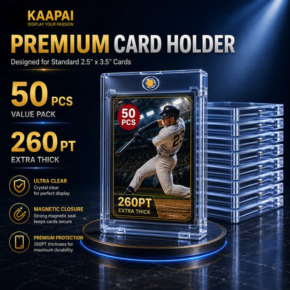 KAAPAI premium card holder display set shown on a dark blue promotional background. The image features a clear 260PT ultra-thick acrylic card holder displaying a baseball card, a stack of similar holders on the right, and text highlighting 50 pieces in a value pack with 260PT extra thick specifications.