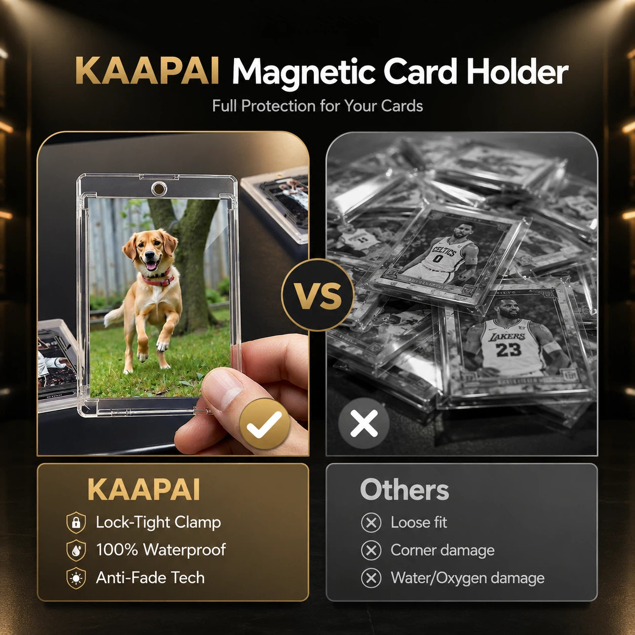 Promotional graphic for KAAPAI Magnetic Card Holder showing a clear protective case holding a dog photo on the left, compared with loose stacked card cases on the right. Text highlights lock-tight clamp, 100% waterproof, and anti-fade tech.