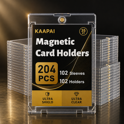 KAAPAI Magnetic Card Holders set in a clear plastic clamshell package, with stacks of transparent holders visible behind on a dark reflective surface.