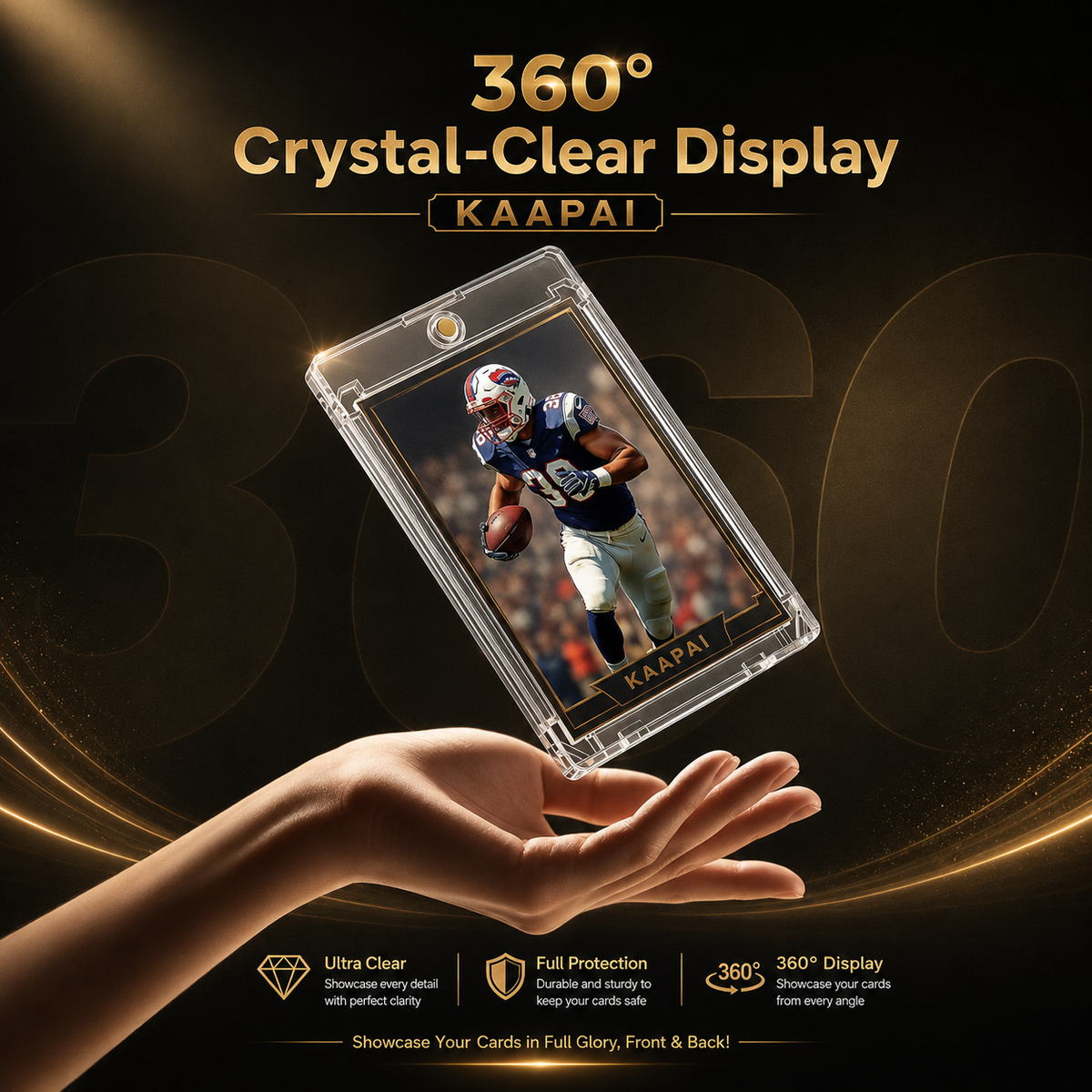 A clear acrylic display case holding a football card featuring Kaapai, shown floating above an open hand against a dark gold promotional background with text reading '360° Crystal-Clear Display KAAPAI' and feature icons below.