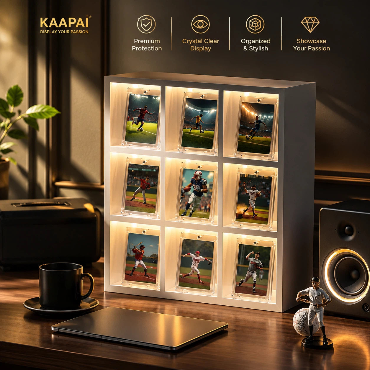 KAAPAI 12-photo illuminated photo display frame on a wooden desk, showcasing 12 baseball player photos under warm LED lighting. The display is styled in a home office setting with a laptop, coffee cup, plant, and speaker.