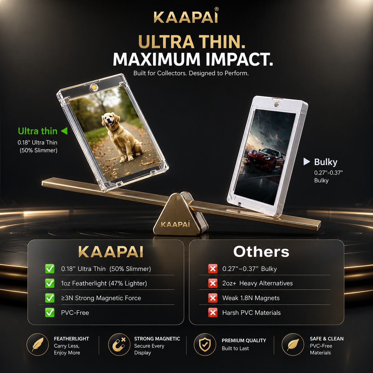 KAAPAI ultra-thin transparent phone case shown on a gold display stand, with a smartphone inside and a second phone beside it labeled as bulkier. The image includes marketing text, comparison callouts, and feature icons on a dark gradient background.