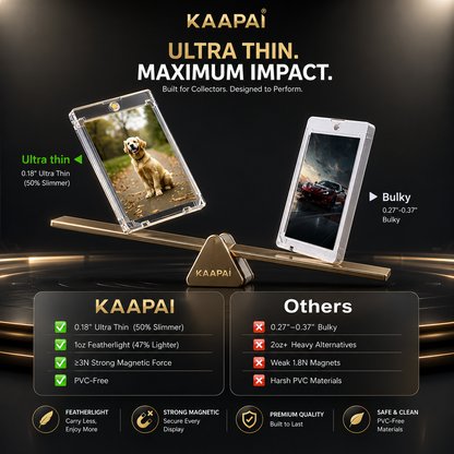 KAAPAI ultra-thin transparent phone case shown on a gold display stand, with a smartphone inside and a second phone beside it labeled as bulkier. The image includes marketing text, comparison callouts, and feature icons on a dark gradient background.