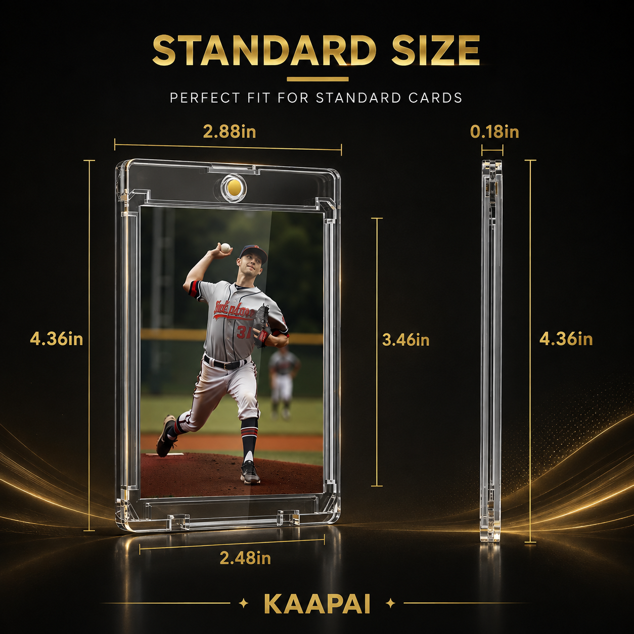 Clear plastic baseball card case shown on a black background with dimension labels and the text 'STANDARD SIZE' and 'KAAPAI'. The case is displayed front and side view, with a baseball player photo printed inside as a demo insert.