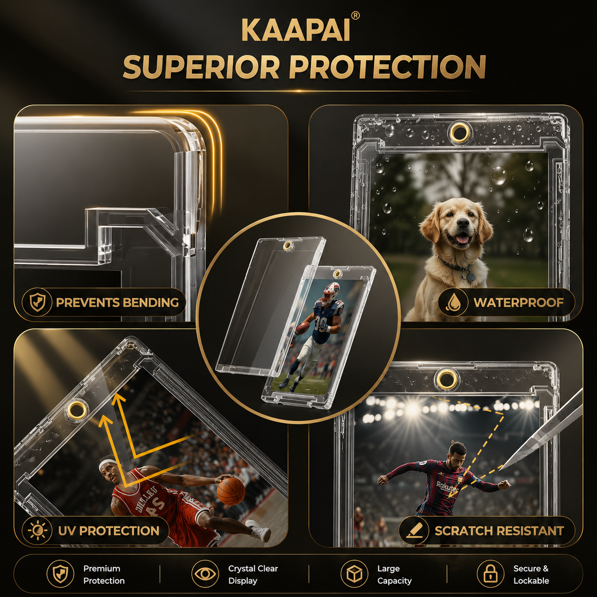 Promotional graphic for Kaapai phone case protection, showing a transparent phone case with feature callouts: prevents bending, waterproof, UV protection, scratch resistant, and crystal clear display. The image includes lifestyle-style demo panels with a dog and sports scene, plus text reading KAAPAI SUPERIOR PROTECTION.