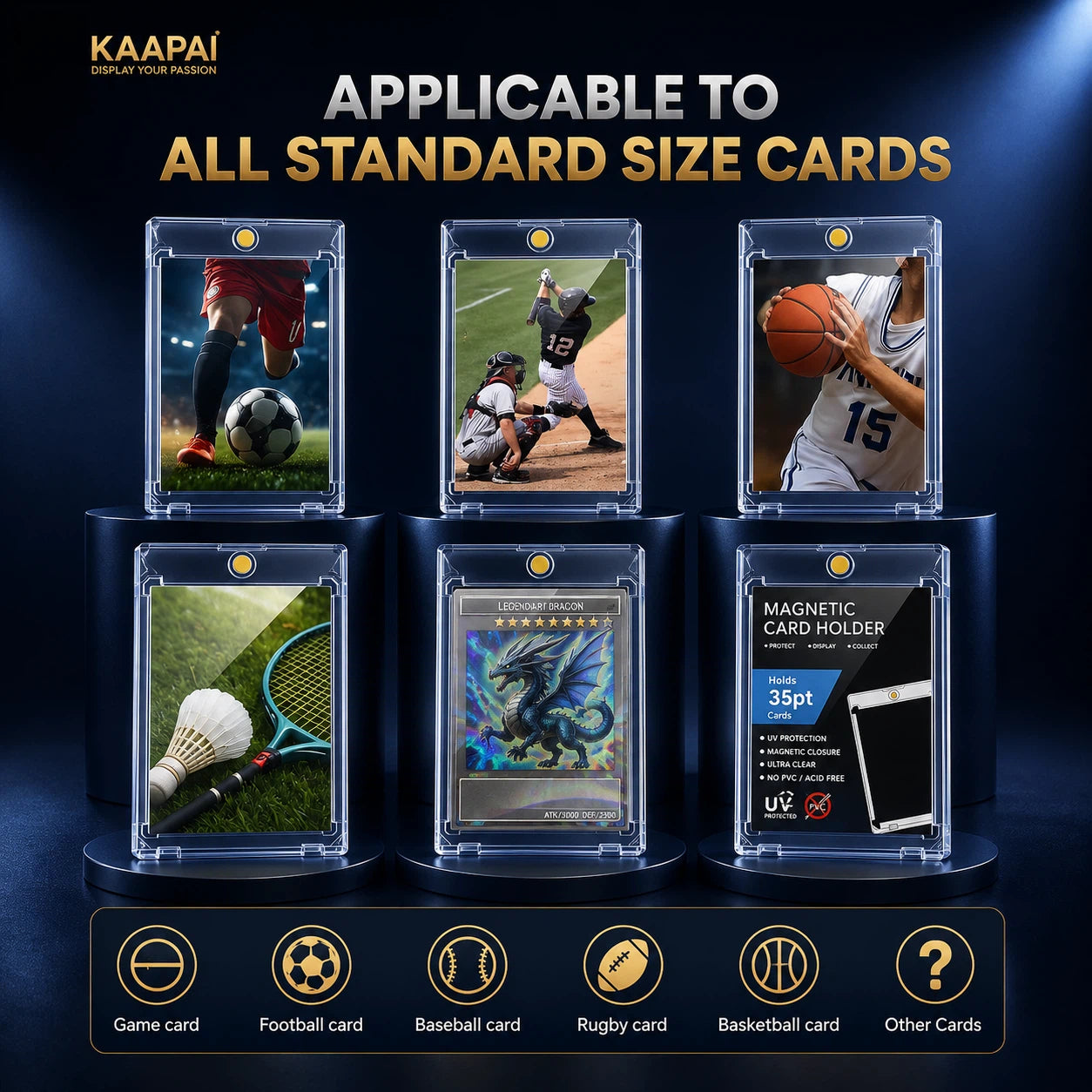 KAAPA card holder set shown in six clear protective sleeves on a dark blue promotional background, with text reading 'APPLICABLE TO ALL STANDARD SIZE CARDS' and icons for different card types at the bottom.