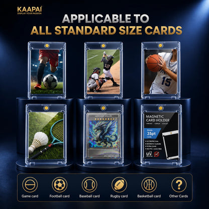 KAAPA card holder set shown in six clear protective sleeves on a dark blue promotional background, with text reading 'APPLICABLE TO ALL STANDARD SIZE CARDS' and icons for different card types at the bottom.