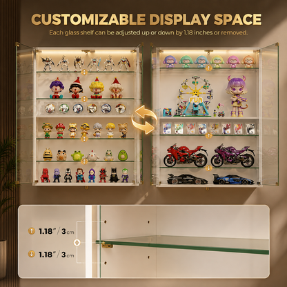 Customizable glass display cabinets with adjustable shelves, shown filled with collectible figures, toys, and model cars. The image includes text explaining that each glass shelf can be adjusted up or down by 1.