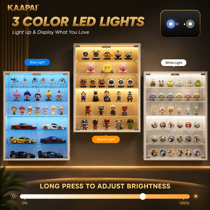 Kaapai 3-color LED light display cabinet shown in three modes: blue light, warm light, and white light, displaying various collectible figures and cars. Features an adjustable brightness slider at the bottom.