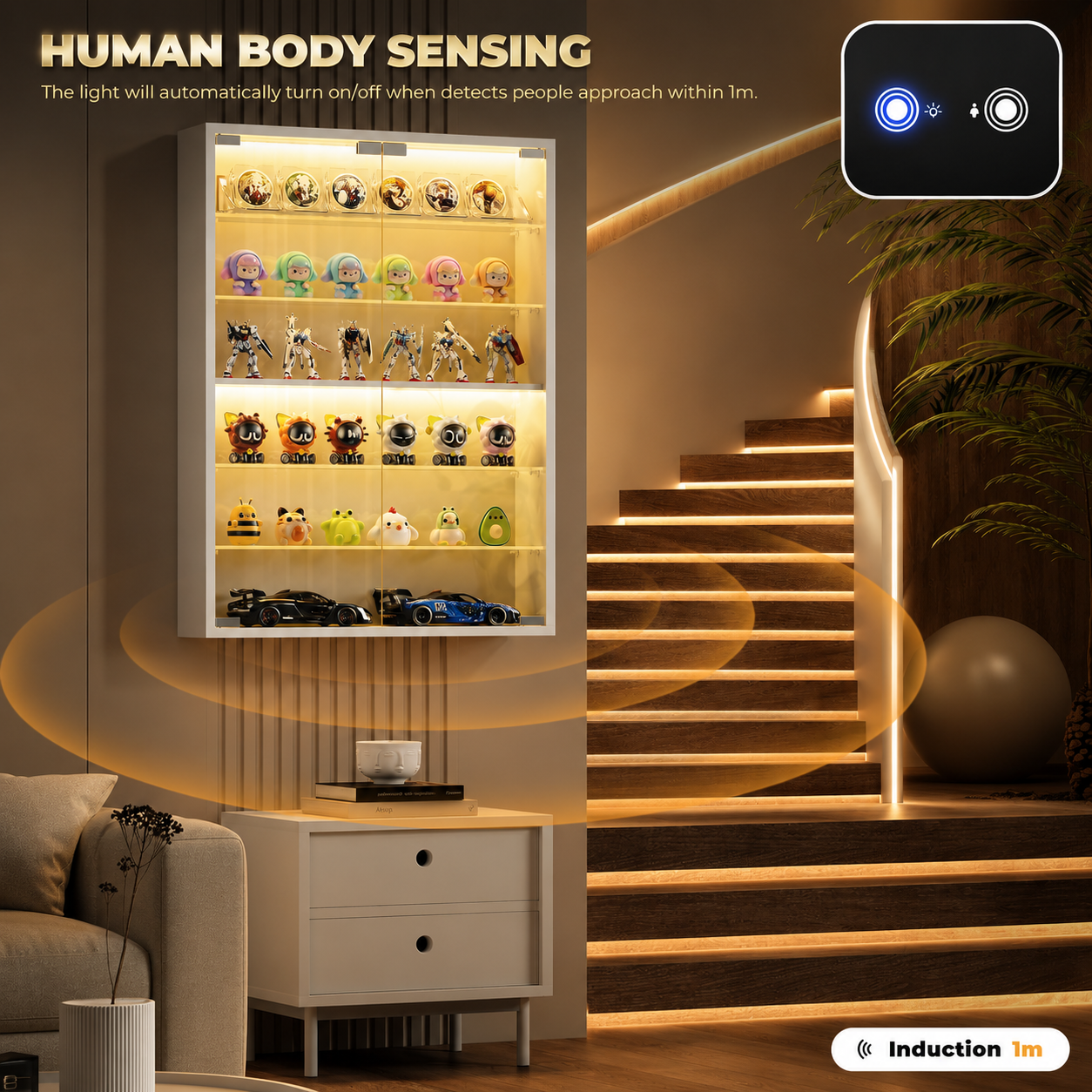 A wall-mounted illuminated display cabinet showcasing collectible figurines and models, installed in a modern interior with a staircase, sofa, and decorative elements. Text at the top reads 'HUMAN BODY SENSING' and a badge at the bottom right says 'Induction 1m'.
