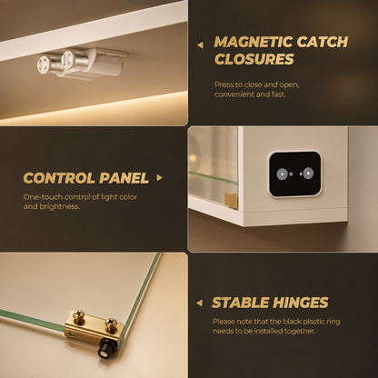 A four-panel product feature infographic showing a modern glass display cabinet interior: magnetic catch closures, a control panel with one-touch light/color adjustment, stable hinges, and a note about a black plastic ring. The panels use a dark brown background with gold text and include small product detail photos.