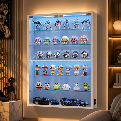 A wall-mounted glass display cabinet with five illuminated shelves, filled with collectible action figures, small vehicles, and round collectible pieces. The cabinet is shown in a modern living room setting with warm ambient lighting.
