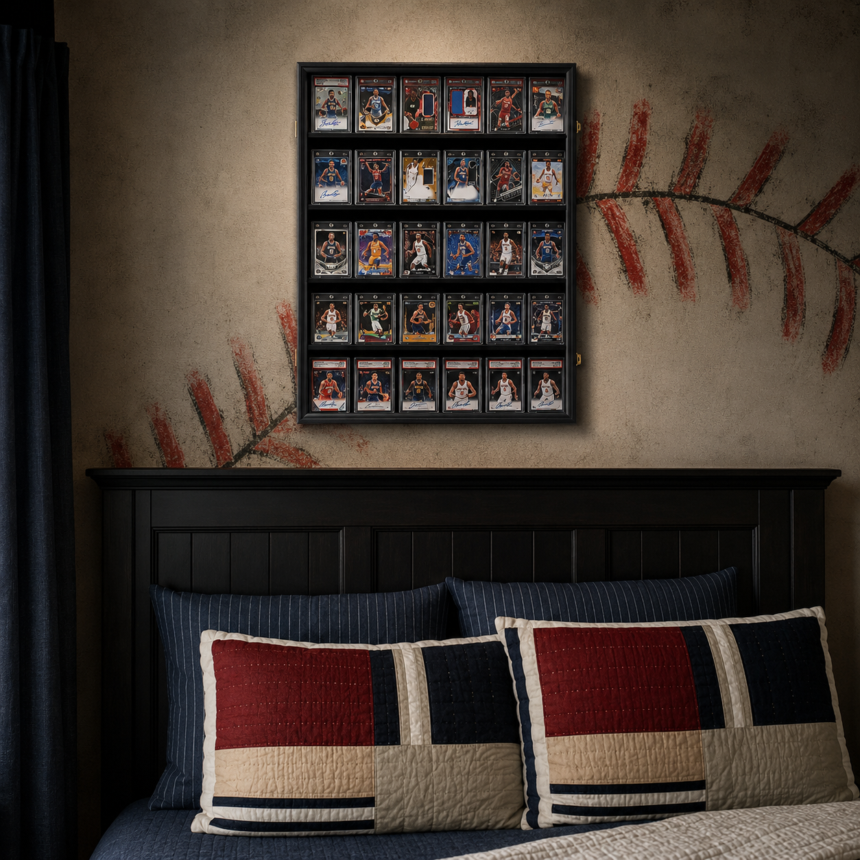 A framed wall display of 32 sports trading cards mounted above a dark wooden headboard in a styled bedroom. The display is set against a textured beige wall with red leaf-like painted accents, and the bed features navy and red striped pillows.