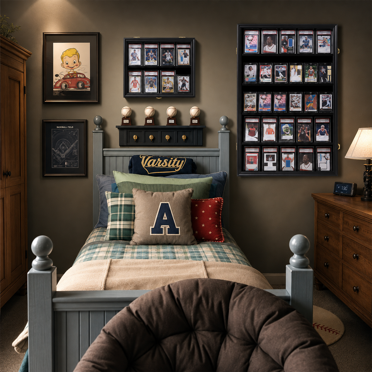 A styled boy's bedroom featuring a gray wooden bed with varsity-style pillows, surrounded by framed sports memorabilia, baseball-themed wall decor, and a brown tufted chair in the foreground.