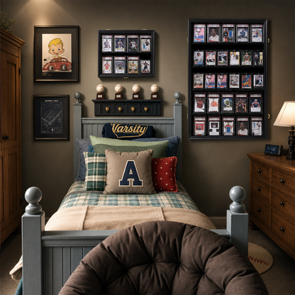 A styled boy's bedroom featuring a gray wooden bed with varsity-style pillows, surrounded by framed sports memorabilia, baseball-themed wall decor, and a brown tufted chair in the foreground.